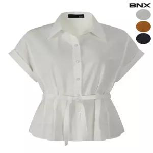 [비엔엑스][빠른출고] 롤업 소매 벨트 스트랩 반팔 블라우스