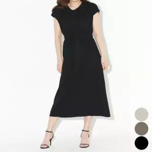여성 블랙 카라 반팔 니트 리본 허리끈 롱 원피스