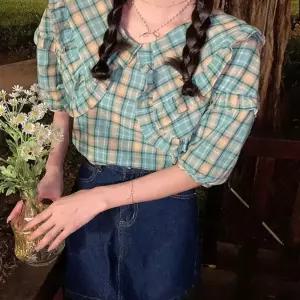 데이트룩 귀엽고 러블리 체크페턴 민트색 블라우스 여름원피스 여름여자옷 멜빵바지