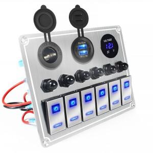 보트 금속 스위치 패널, 4/6갱 방수 디지털 전압계(듀얼 USB 포함), 12V 소켓 LED 로커