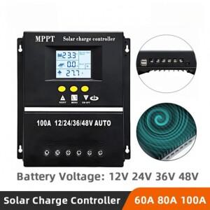 MPPT 60A 80A 100A 태양광 충전 컨트롤러 LCD 듀얼 USB 출력, 12V 24V 36V 48V 납산 리튬 배터리