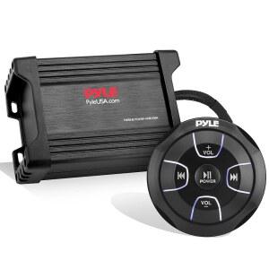 Pyle 방수 블루투스 해상 수신기 600와트 전원 유선 RCA AUX 및 MP3 오디오 입력 케이블을 갖춘 스테레오 스피커용 2채널 무선 (블랙)
