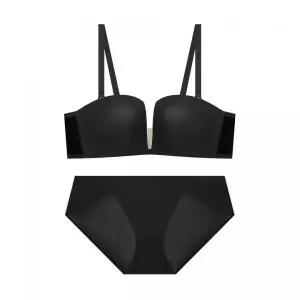 ELLE INNERWEAR 스퀘어 반컵 볼륨 브라 팬티 세트 - 블랙 2360571
