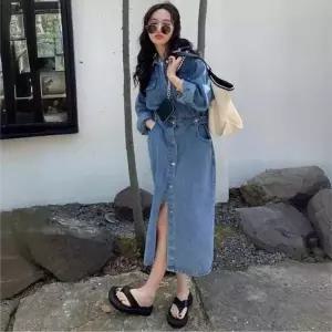 [에이치플러스몰]LD 와이드한 핏의 허리조절이 가능한 데님 롱원피스
