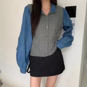 카루티 데님 셔츠 레이어드 니트 조끼 가디건