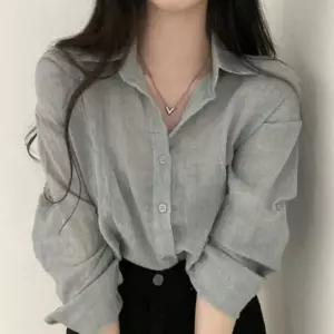 여름 루즈핏 롤업 셔츠 여성 시스루 긴팔 남방
