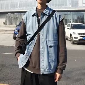 데님 카라 조끼 연청 베스트 오버핏 스트릿