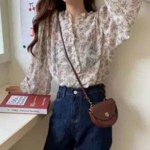 레이스 블라우스 긴팔 여성 프릴 쉬폰 봄 플라워