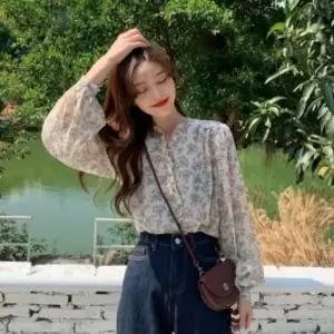 퍼프소매 쉬폰 플라워 블라우스 여성 레이스