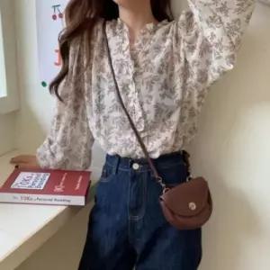 플라워 여성 블라우스 쉬폰 상의 레이스 프릴 봄