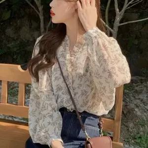 [하프클럽/]잔꽃 쉬폰 블라우스 긴팔 프릴 셔츠 벌룬소매 플라워 봄 데이트