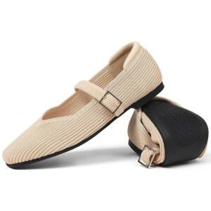 여성을 위한 CELNEPHO 플랫, 메리 제인 슈즈 니트 발레 발목 스트랩 포함 | 스트랩이 있는 발레리나 사각형 앞코, 아치 서포트가 플랫 슈즈, 사무실 캐주얼용 접이식 작업화
