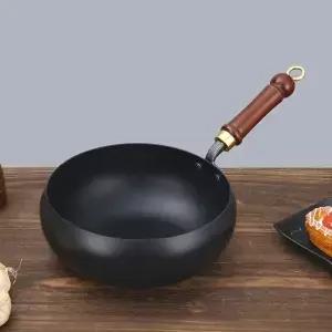 28cm 탄소강 웍 둥근 바닥 프리시즈닝된 볶음용 전통 중국식 일본식 검정색 스틸 팬