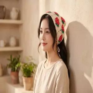 딸기 헤어밴드 헤어스카프 헤어두건 헤어커치프 머리띠 헤어아이템 끈고정 뜨개 삼각
