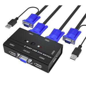 YINKER VGA KVM 스위치 2포트 USB 스위치와 2개의 케이블 및 2대의 컴퓨터용 3개의 허브 포함 물리적 푸시 버튼 스위칭으로 하나의 모니터 키보드 마우스를 공유하세요