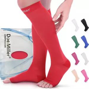 여성 및 남성용 닥 밀러 오픈 토 압박 양말 15 20 mmHg 무릎 높은 종아리 지지 소매 순환을 위한 졸업