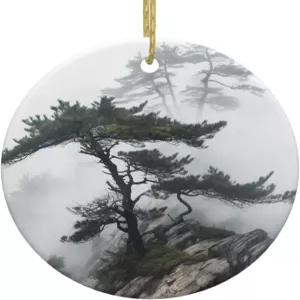 안개 낀 산 소나무 크리스마스 장식 원형 세라믹 걸이 장식품 트리 휴일 금줄 도자기 펜던트 파티