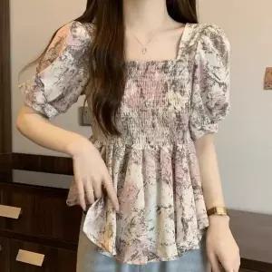 여성 여름 빅사이즈 반팔 셔링 블라우스 플라워 셔츠
