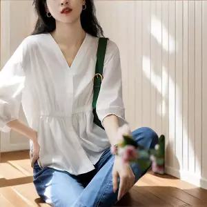 여성용 빅사이즈 캐주얼 루즈핏 셔츠 브이넥 7부소매 블라우스