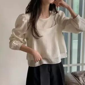 여성 시스루 뒷단추 퍼프소매 나시 레이어드 긴팔 블라우스 투피스 세트