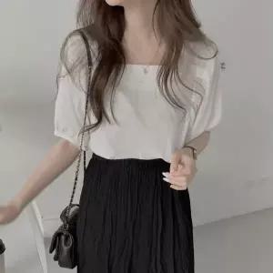 여성용 무지 스퀘어넥 반팔 블라우스
