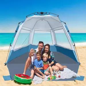 UV 차단 기능이 있는 4~6인용 ABCCAMPING 비치 텐트 즉석 팝업 선쉐이드 쉼터확장 바닥 메쉬 롤업 창 3개
