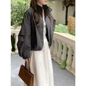 원픽 여성 가을 ？？캐주얼 탑레트로 스탠드 칼라 작업 재킷