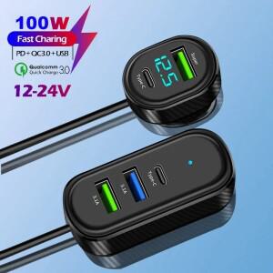 12V-24V 100W 최대 5-in-1 차량용 충전기 66W 초고속 듀얼 USB+유형 C(전압 디스플레이 포함) iPhone/Andor