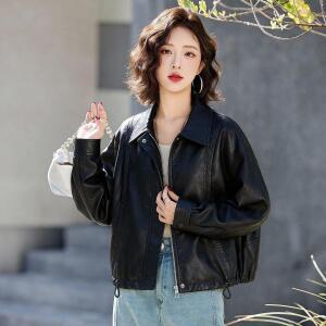 M5 여성 터틀넥 숏 가죽 코트 봄 가을 시크 캐주얼 PU 점퍼 상의 JEN