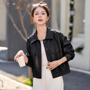 M5 여성 퍼플 가죽 코트 봄가을 숄카라 재킷 쇼트 상의 JEN