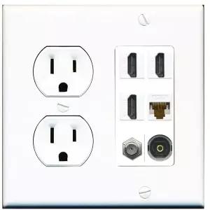 15 Amp 라운드 전원 콘센트 3 포트 HDMI 1 Cat6 동축 케이블 TV 토스 링크