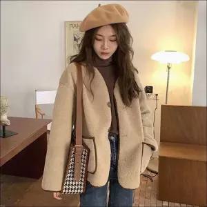 여성 뽀글이 배색 인조양털 자켓 겨울 포근한 아우터