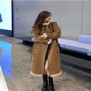 여성 무스탕코트 스웨이드 롱 배색 코트 겨울 하프 페이크퍼