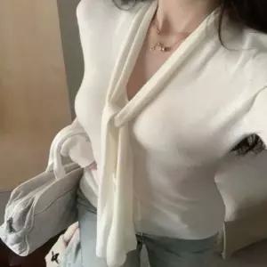 여자 니트 스카프 롱 슬림핏 긴팔 V넥 타이 3컬러