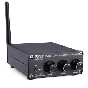 Pyle 240W 미니 블루투스 홈 스테레오 베이스 및 트레블 컨트롤 다이얼이 있는 2채널 컴팩트 리시버 전원 공급 실내용 스피커와 함께 사용 차고 데스크톱