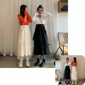 레이스 치마 여자 하의 스커트 데님 청 장식 롱 샤 3단 리본 망사