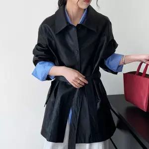 빈티지 스트릿룩 벨티드 레더 코트 [BIZ46387]
