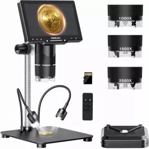 TOMLOV TriL107 3렌즈 디지털 현미경 2500배 빛이 있는 코인 확대경 전체 뷰 7인치 IPS 화면 TV 및 PC