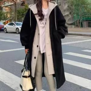 오버핏 양털 블랙 레이어드 후드 롱코트