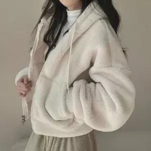 여성 벌룬핏 뽀글이 인조양털 후리스 후드집업 점퍼 2색