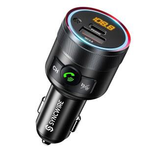 SYNCWIRE 블루투스 5.4 차량용 어댑터 38W FM 송신기 핸즈프리 통화 | QC3.0 듀얼 USB 고속 충전. 명확한 통화를 위한 내장 마이크. 딥 베이스 사운드와 MP3 음악 플레이어 키트.