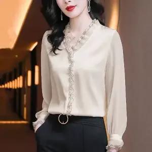 여성 브이넥 시스루 루즈핏 긴팔 프릴 레이스 셔링 쉬폰 블라우스 A0041205