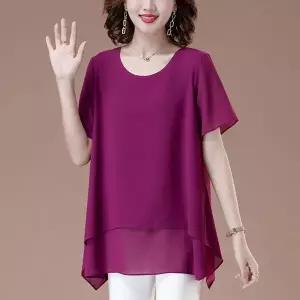 여성 빅사이즈 쉬폰 블라우스 우아한 데일리 세련된 루즈핏 라운드넥 단색 블라우스 F0030414