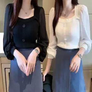 [하프클럽/]스퀘어넥 니트 블라우스 퍼프 소매 골지 긴팔