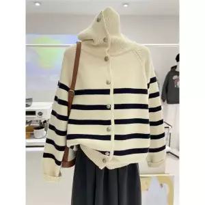 [하프클럽/에이시크]데일리 배색 단가라 하이넥 루즈핏 니트 C25DKN156