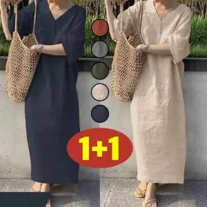 1+1 여성 린넨 브이넥 박스 맥시 시원한 원피스 봄 여름 빅사이즈 추천 반팔 무지 오버핏 V넥 얇은 더위 흡