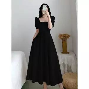 스퀘어넥 퍼프소매 롱원피스 블랙 A라인 데일리 원피스