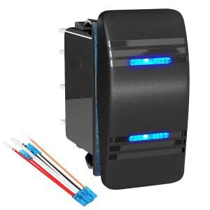 JOINFWORLD 모멘터리 로커 스위치 방수(ON)-OFF-(ON) 3단 12V 20A DPDT 7핀 블루 LED 보트 자동차 UTV ATV용 점퍼 와이어 포함 토글기