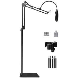 BLUE YETI SM7B MV7용 6.6파운드 무게추 베이스가 있는 마이크 스탠드 플로어 붐 암 | POP FILTER가 장착된 HYPERX QUADCAST NANO SNOWBALL FIFINE K688 AT2020용 PODCAST 5/8