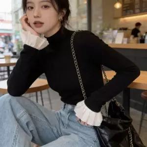 하이넥 티셔츠 레이스 프릴 상의 봄 가을 레이어드 이너웨어